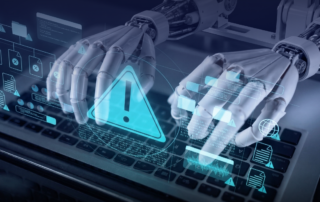 Ai robot typing on keyboard with alerts